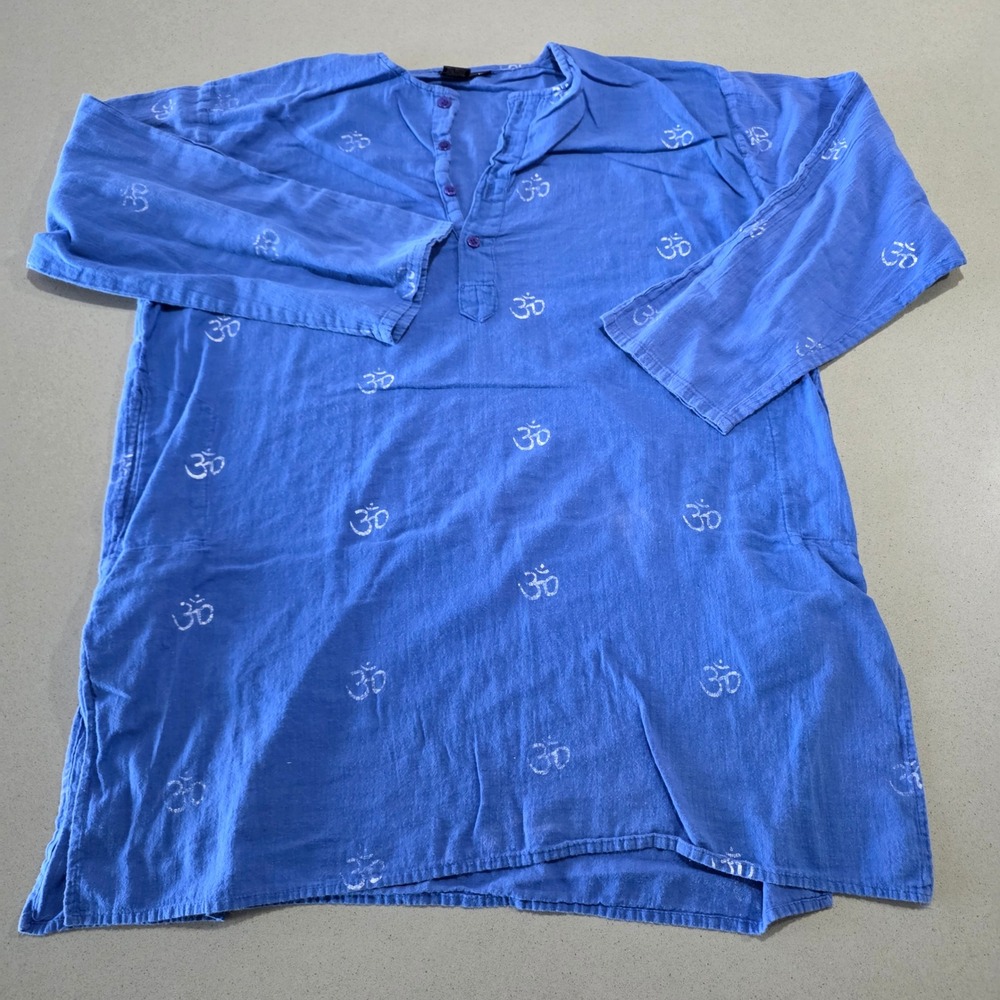 India Arts Blue Om Print Cotton Henley Tunic Boho Yoga Meditation Shirt Mens M